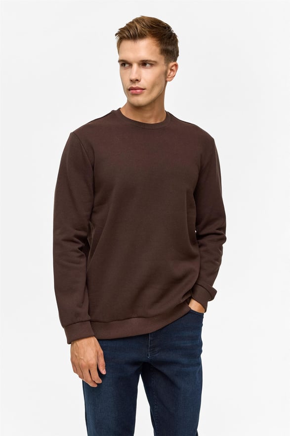 Koyu Kahve Regular Düz Bisiklet Yaka Sweatshirt