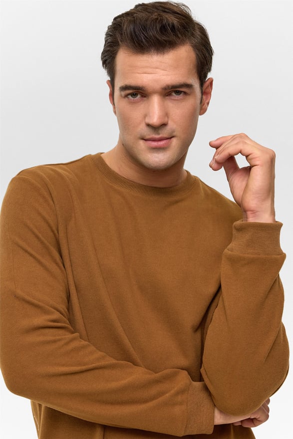 Koyu Kahve Regular Düz Bisiklet Yaka Sweatshirt