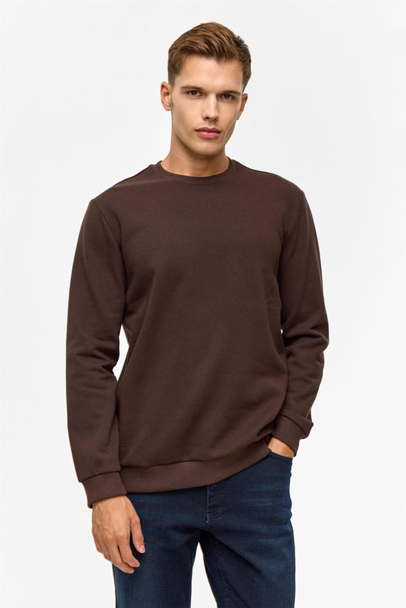 Koyu Kahve Regular Düz Bisiklet Yaka Sweatshirt