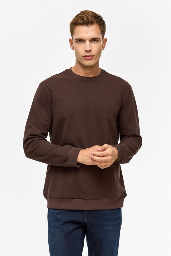 Koyu Kahve Regular Düz Bisiklet Yaka Sweatshirt