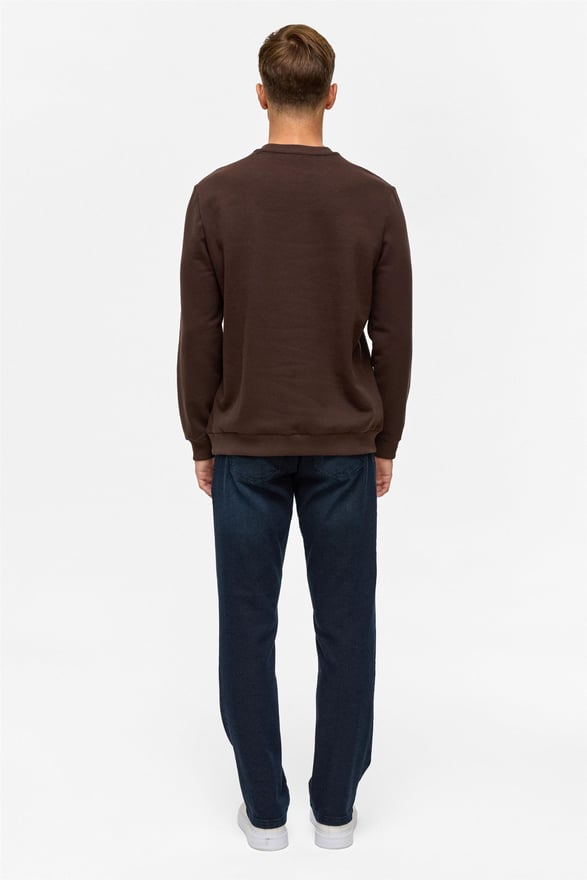 Koyu Kahve Regular Düz Bisiklet Yaka Sweatshirt