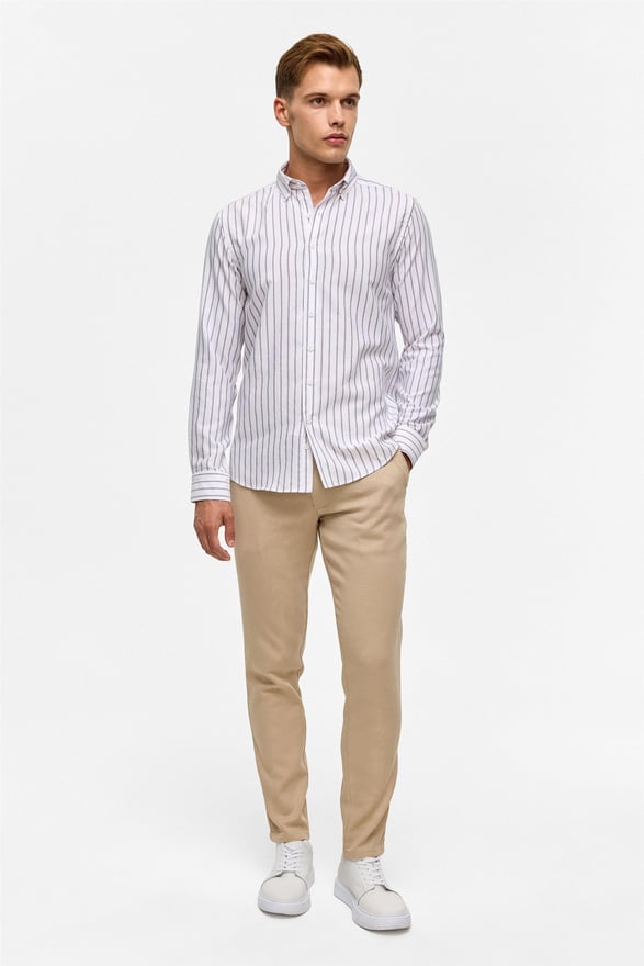 Koyu Kahve Slim Çizgili Düğmeli Yaka Gömlek