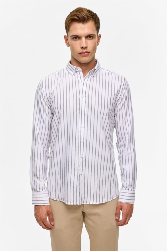 Koyu Kahve Slim Çizgili Düğmeli Yaka Gömlek