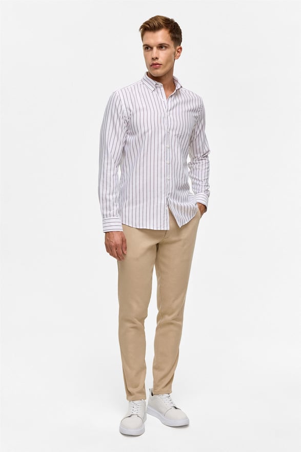 Koyu Kahve Slim Çizgili Düğmeli Yaka Gömlek