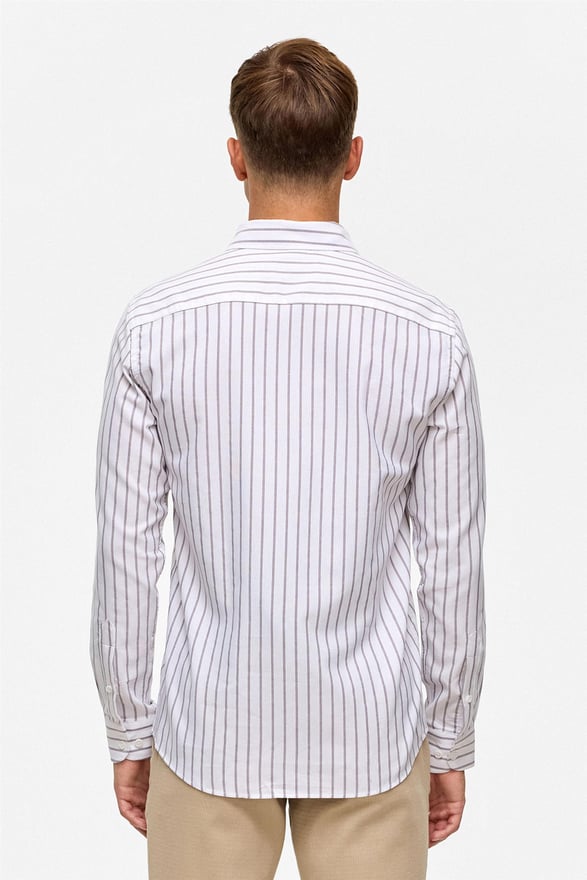 Koyu Kahve Slim Çizgili Düğmeli Yaka Gömlek