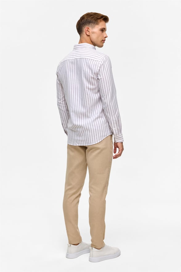 Koyu Kahve Slim Çizgili Düğmeli Yaka Gömlek