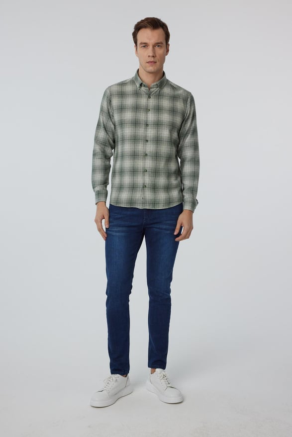 Koyu Yeşil Slim Düz Düğmeli Yaka Gömlek