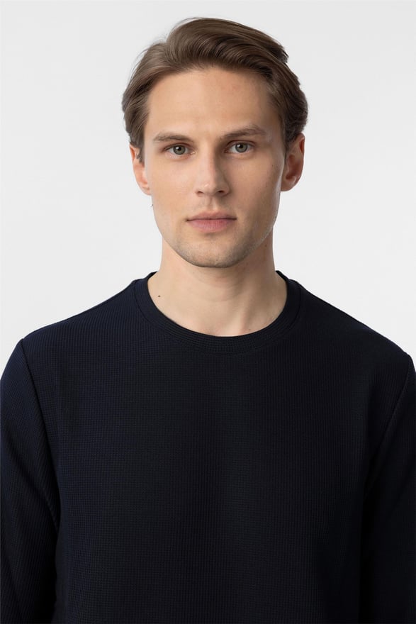 Lacivert Regular Armürlü O Yaka Triko