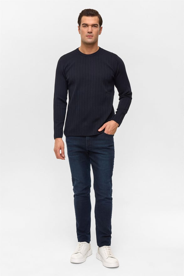 Lacivert Regular Desenli Bisiklet Yaka Triko Kazak