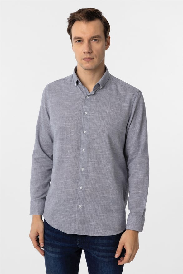 Lacivert Regular Desenli Düğmeli Yaka Gömlek