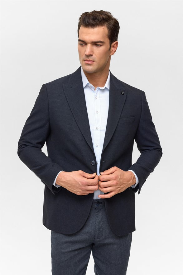 Lacivert Regular Desenli Mono Yaka 4 Drop Ceket