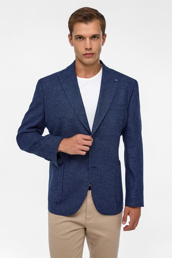 Lacivert Regular Desenli Sivri Yaka 4 Drop Ceket