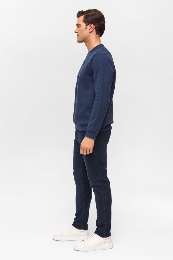 Lacivert Regular Düz Bisiklet Yaka Sweatshirt