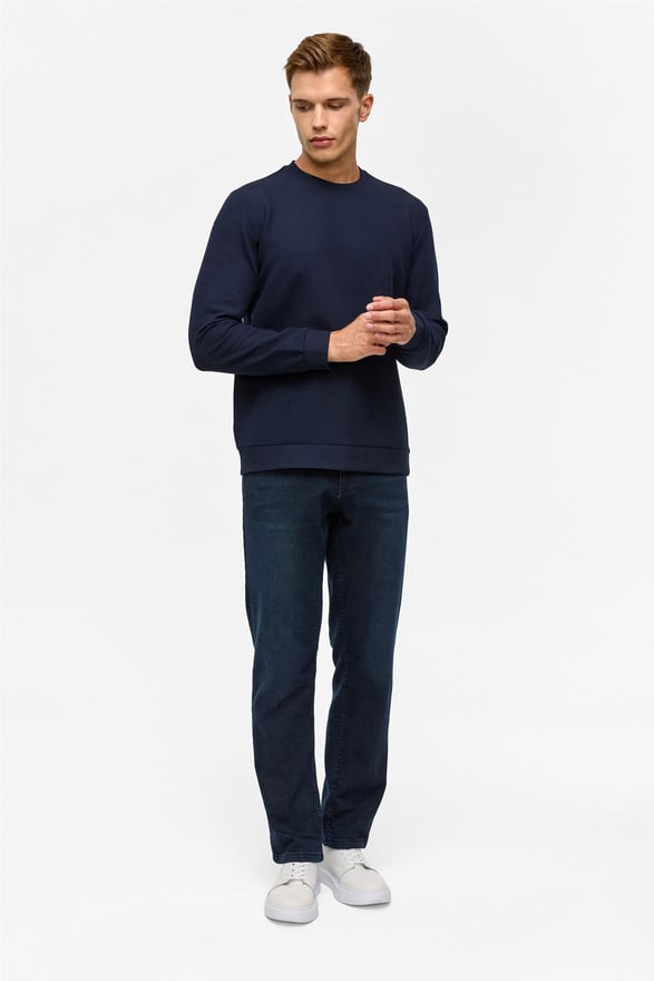 Lacivert Regular Düz Bisiklet Yaka Sweatshirt