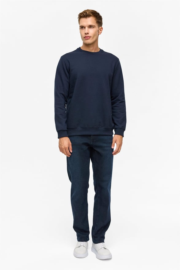 Lacivert Regular Düz Bisiklet Yaka Sweatshirt