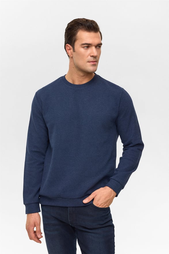 Lacivert Regular Düz Bisiklet Yaka Sweatshirt