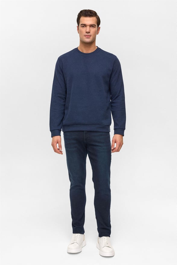 Lacivert Regular Düz Bisiklet Yaka Sweatshirt