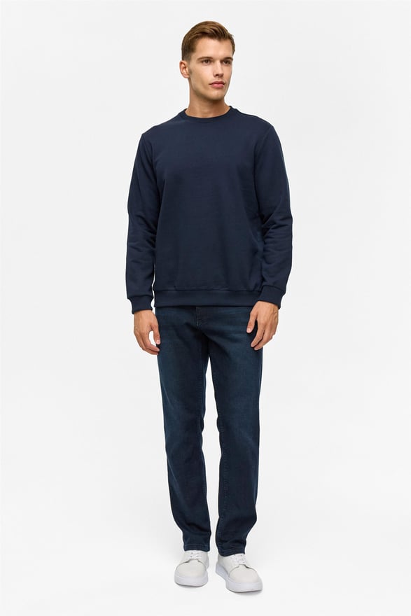 Lacivert Regular Düz Bisiklet Yaka Sweatshirt