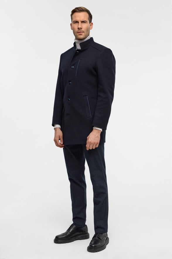 Lacivert Regular Düz Hakim Yaka Kaban