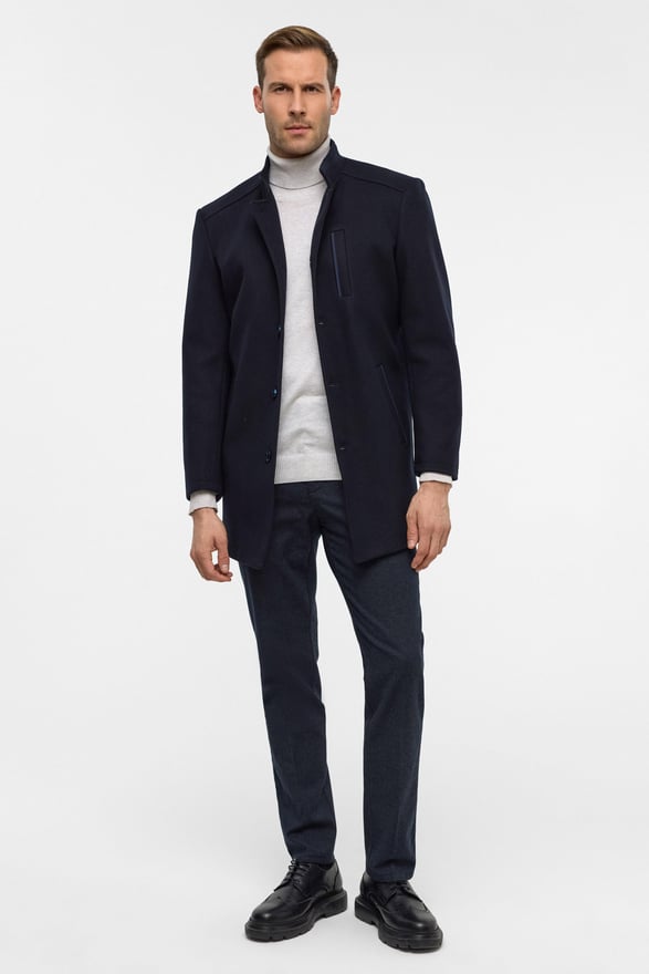 Lacivert Regular Düz Hakim Yaka Kaban