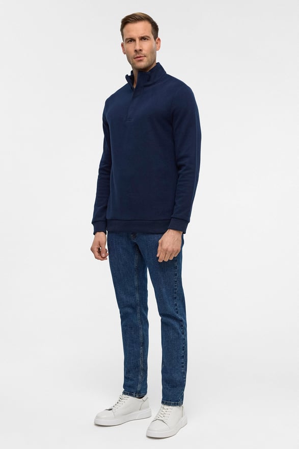 Lacivert Regular Düz Polo Yaka Sweatshirt