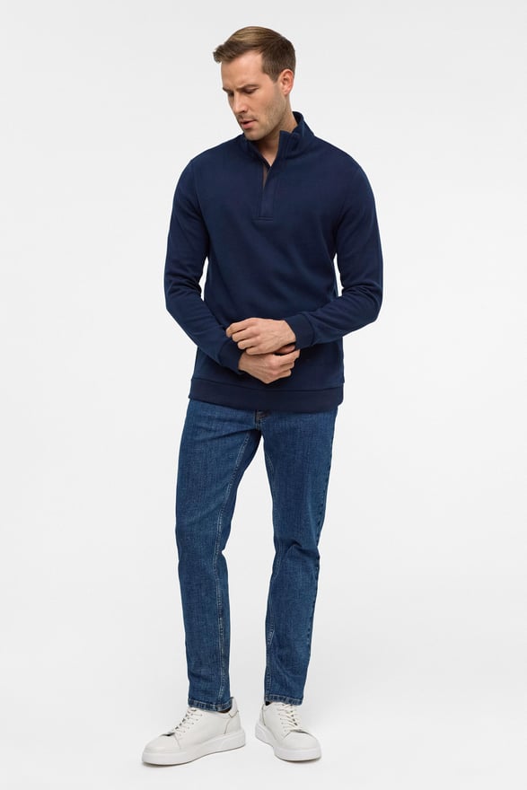 Lacivert Regular Düz Polo Yaka Sweatshirt