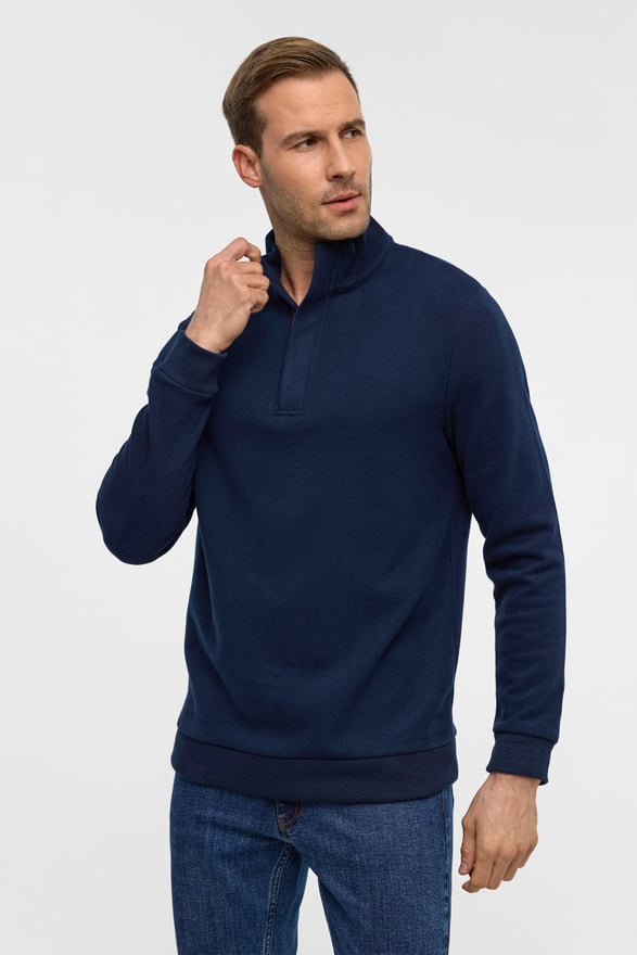 Lacivert Regular Düz Polo Yaka Sweatshirt