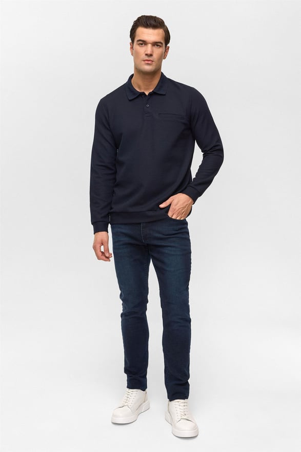 Lacivert Regular Düz Polo Yaka Sweatshirt