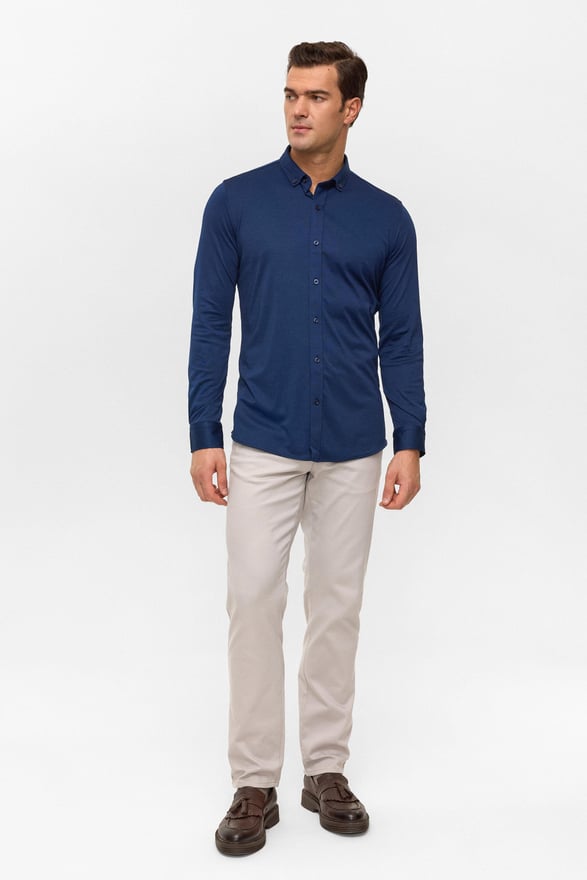 Lacivert Slim Armürlü Düğmeli Yaka Gömlek