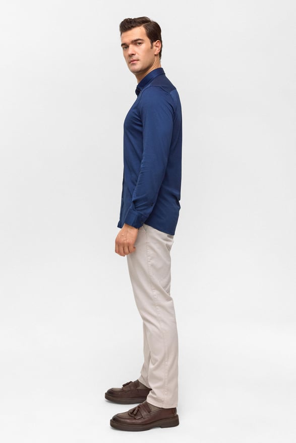 Lacivert Slim Armürlü Düğmeli Yaka Gömlek