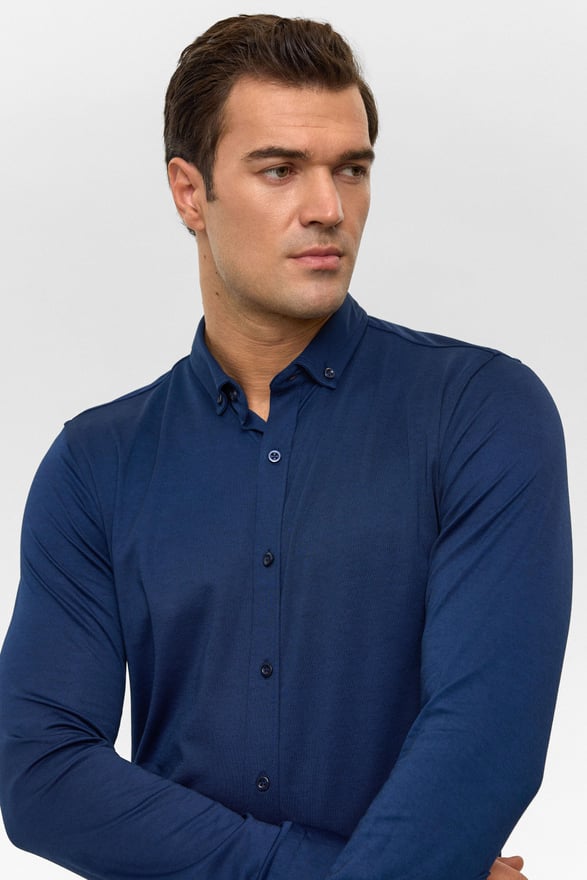 Lacivert Slim Armürlü Düğmeli Yaka Gömlek