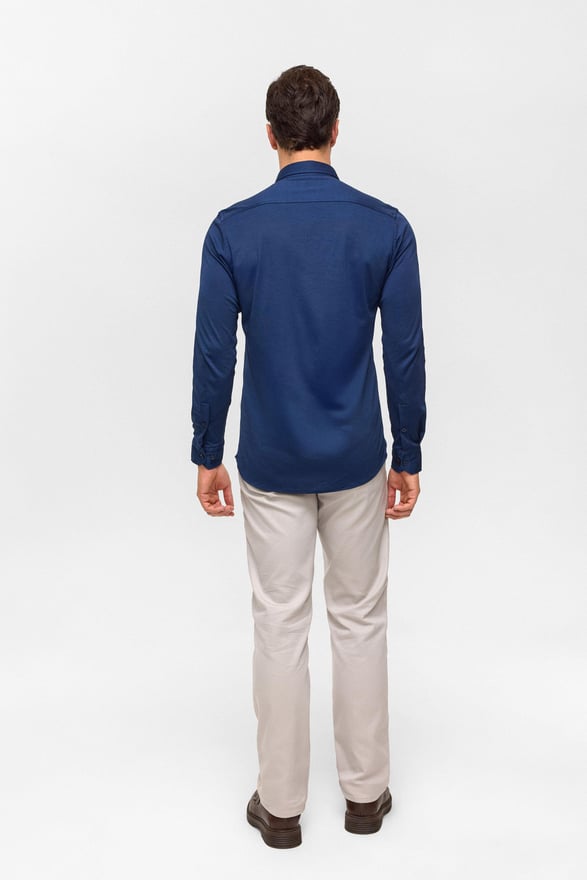 Lacivert Slim Armürlü Düğmeli Yaka Gömlek