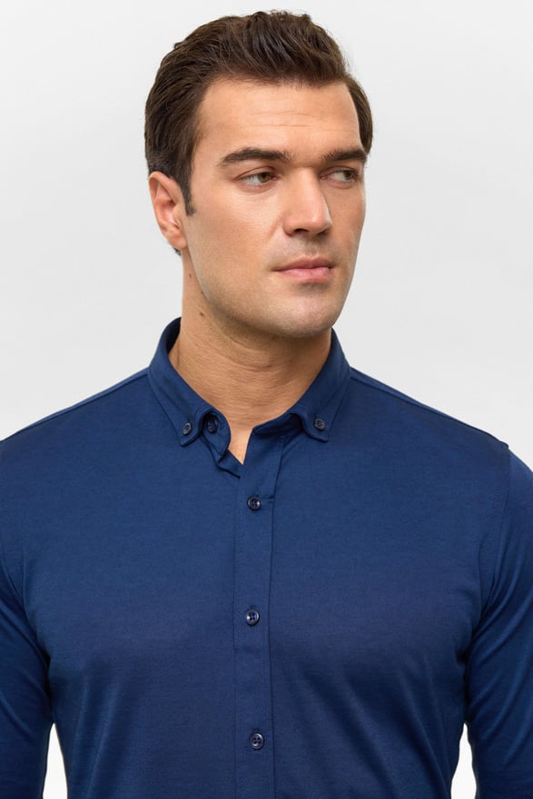 Lacivert Slim Armürlü Düğmeli Yaka Gömlek