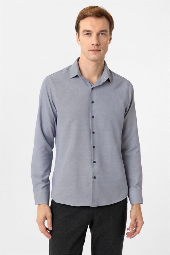 Lacivert Slim Armürlü Klasik Yaka Gömlek