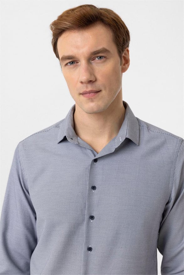 Lacivert Slim Armürlü Klasik Yaka Gömlek