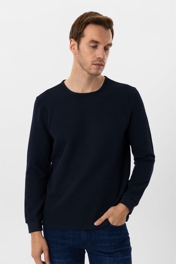 Lacivert Slim Armürlü O Yaka Triko