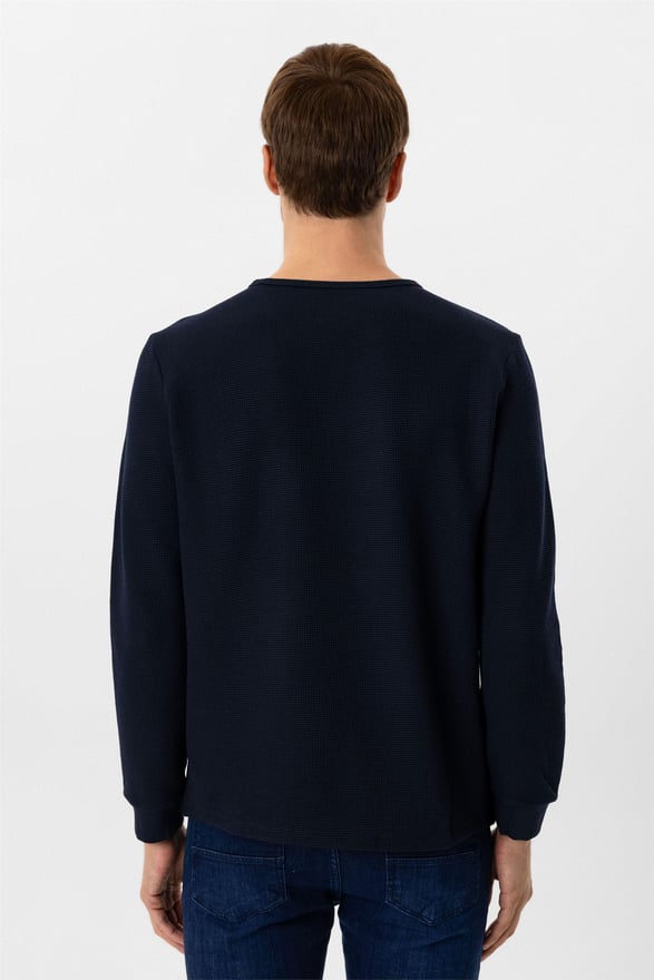 Lacivert Slim Armürlü O Yaka Triko