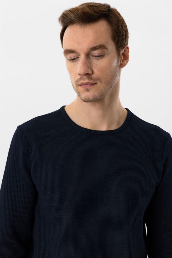 Lacivert Slim Armürlü O Yaka Triko