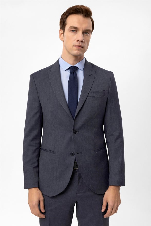 Lacivert Slim Armürlü Sivri Yaka 6 Drop                                                       Takım Elbise