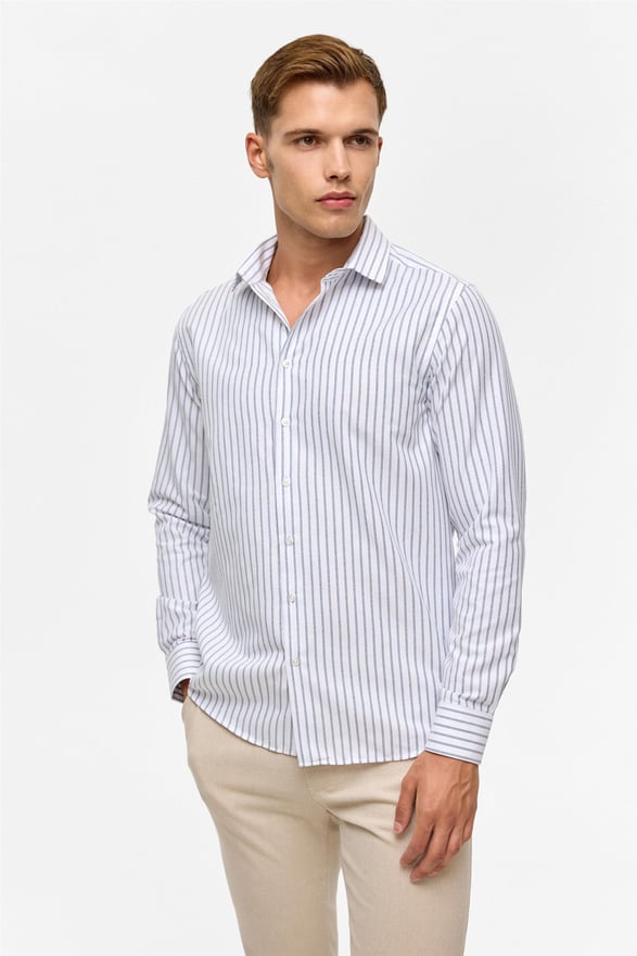 Lacivert Slim Çizgili Klasik Yaka Gömlek