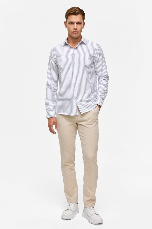 Lacivert Slim Çizgili Klasik Yaka Gömlek