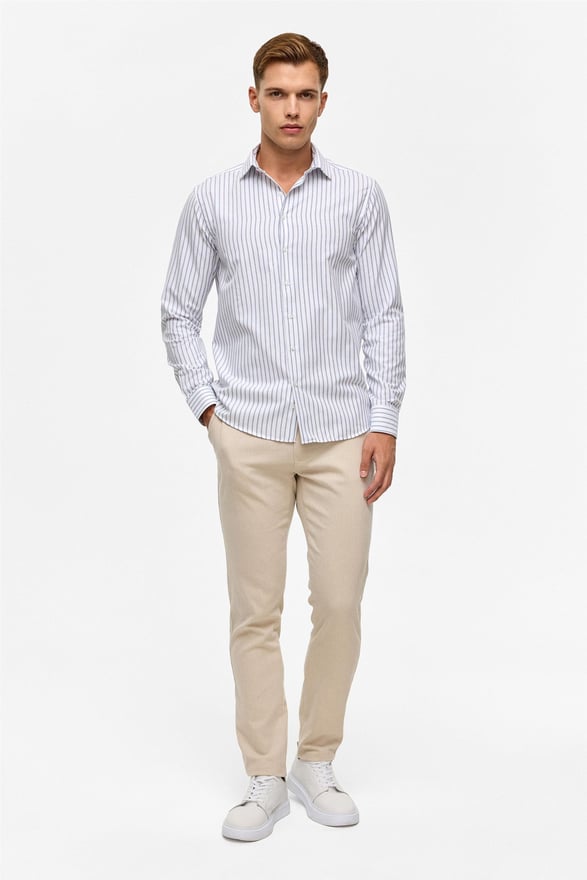 Lacivert Slim Çizgili Klasik Yaka Gömlek