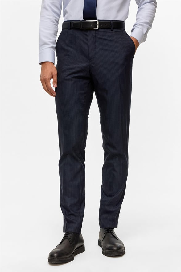 Lacivert Slim Çizgili Kruvaze Yaka 6 Drop Takım Elbise