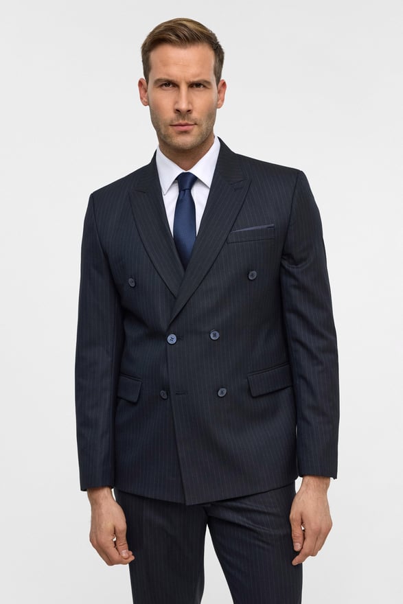 Lacivert Slim Çizgili Kruvaze Yaka 6 Drop Takım Elbise