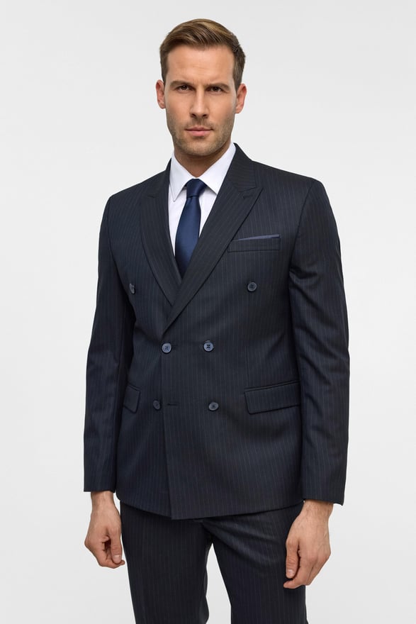 Lacivert Slim Çizgili Kruvaze Yaka 6 Drop Takım Elbise