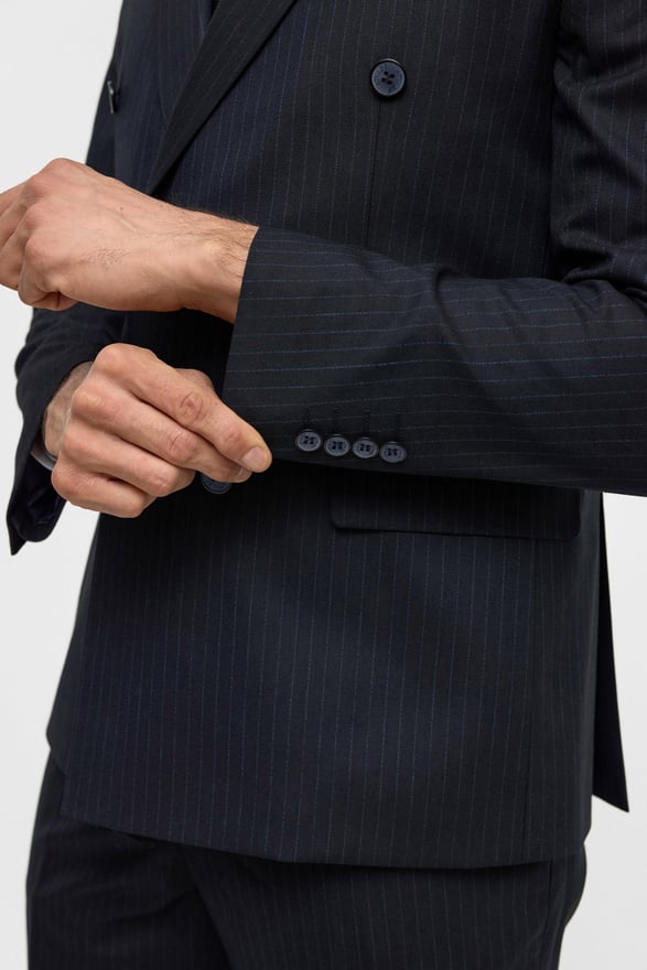 Lacivert Slim Çizgili Kruvaze Yaka 6 Drop Takım Elbise