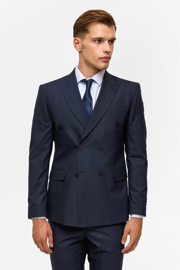 Lacivert Slim Çizgili Kruvaze Yaka 6 Drop Takım Elbise