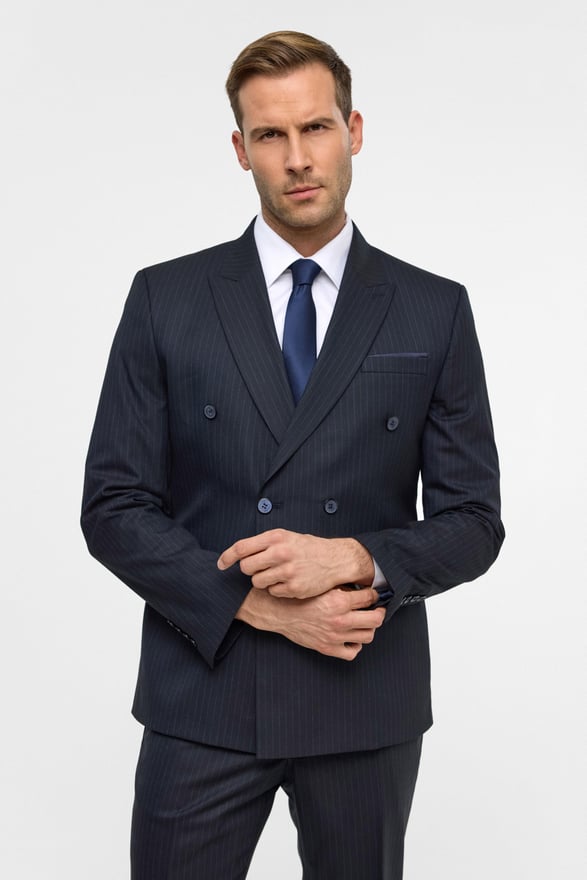 Lacivert Slim Çizgili Kruvaze Yaka 6 Drop Takım Elbise