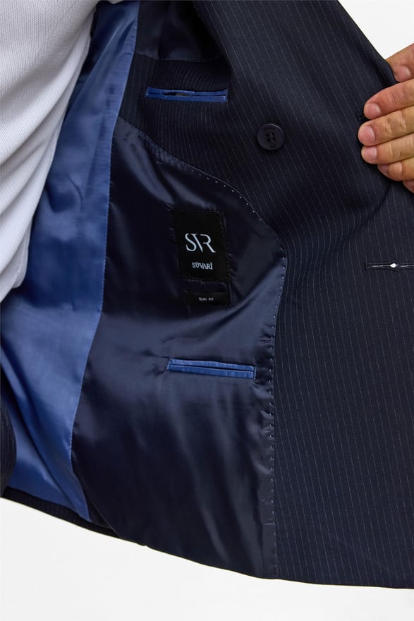 Lacivert Slim Çizgili Kruvaze Yaka 6 Drop Takım Elbise