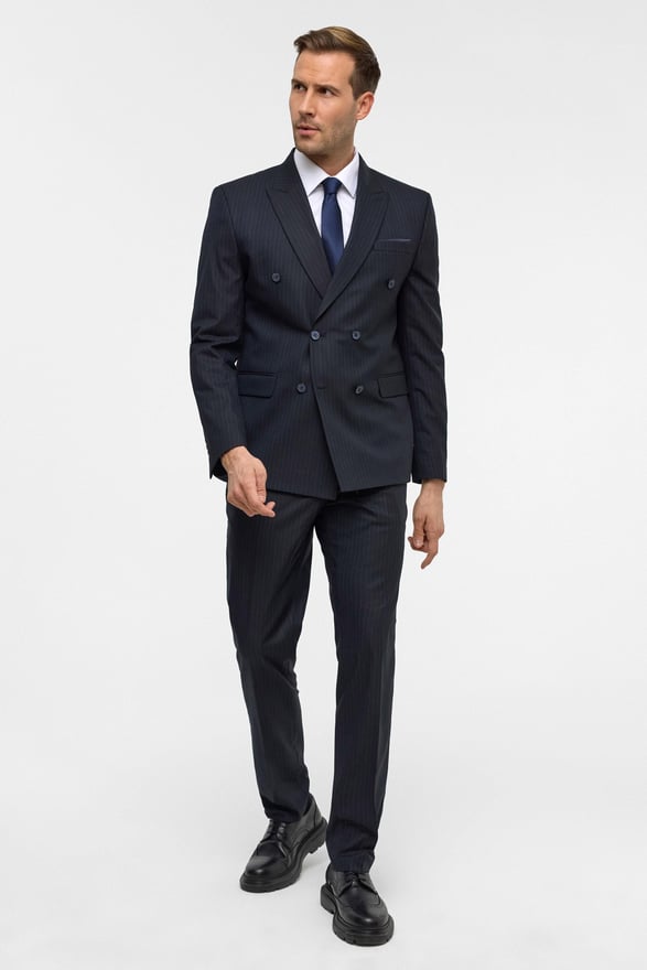 Lacivert Slim Çizgili Kruvaze Yaka 6 Drop Takım Elbise